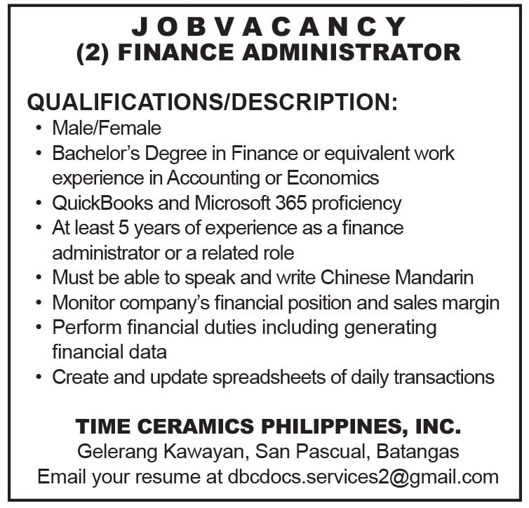 Time Ceramics Philippines, Inc. - Job Vacancy (Finance Administrator)
